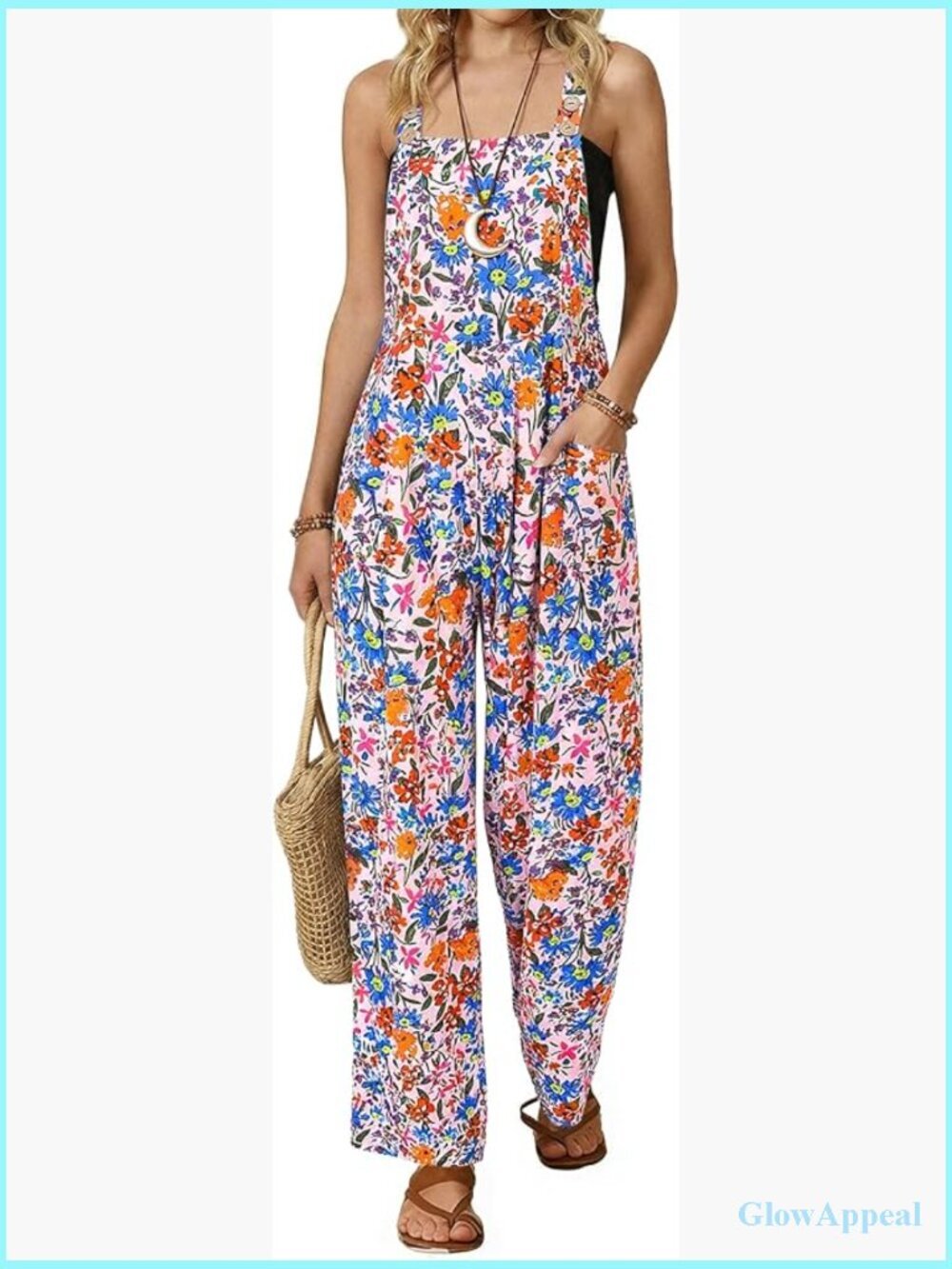 Boho Floral Print Wide Leg Jumpsuit with Pockets